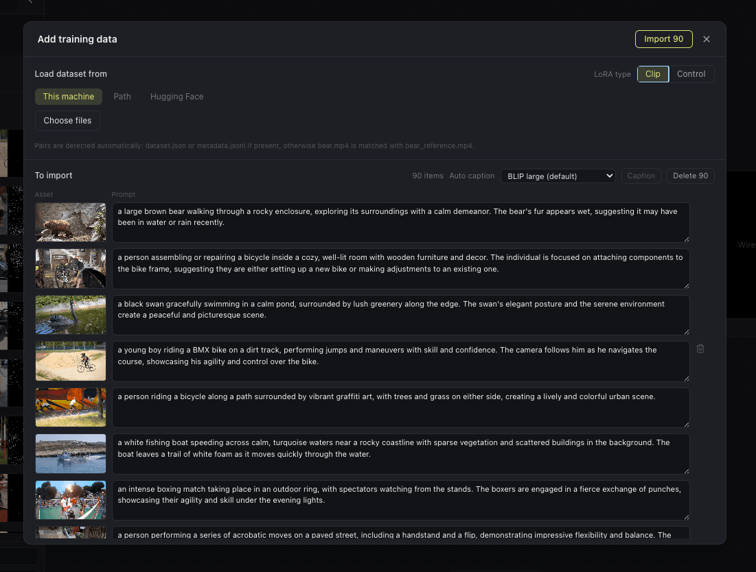 The OmniChar dataset editor: each row is a clip with its prompt, with controls for auto-captioning above.