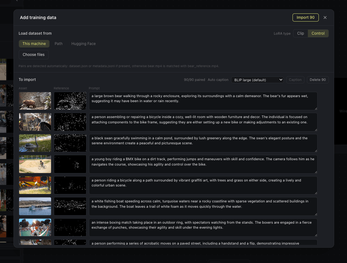 The OmniChar dataset editor in Control mode: each row pairs an asset clip with its edge-map reference and a prompt, with 90 of 90 paired.