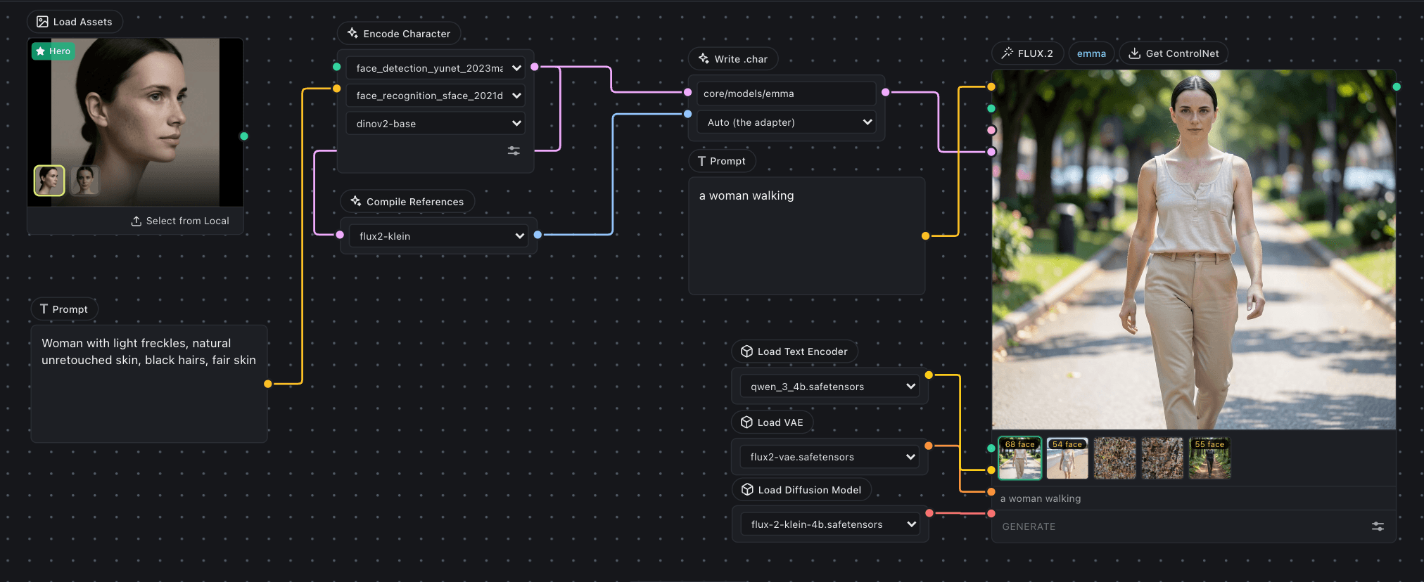 The OmniChar node canvas, building a generative pipeline frame by frame with versioned takes.