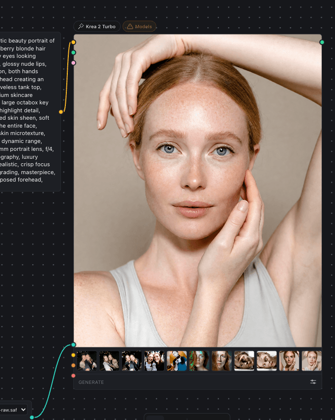 A Krea 2 Turbo node on the OmniChar canvas, its generated portrait above a strip of every earlier take of the same shot.