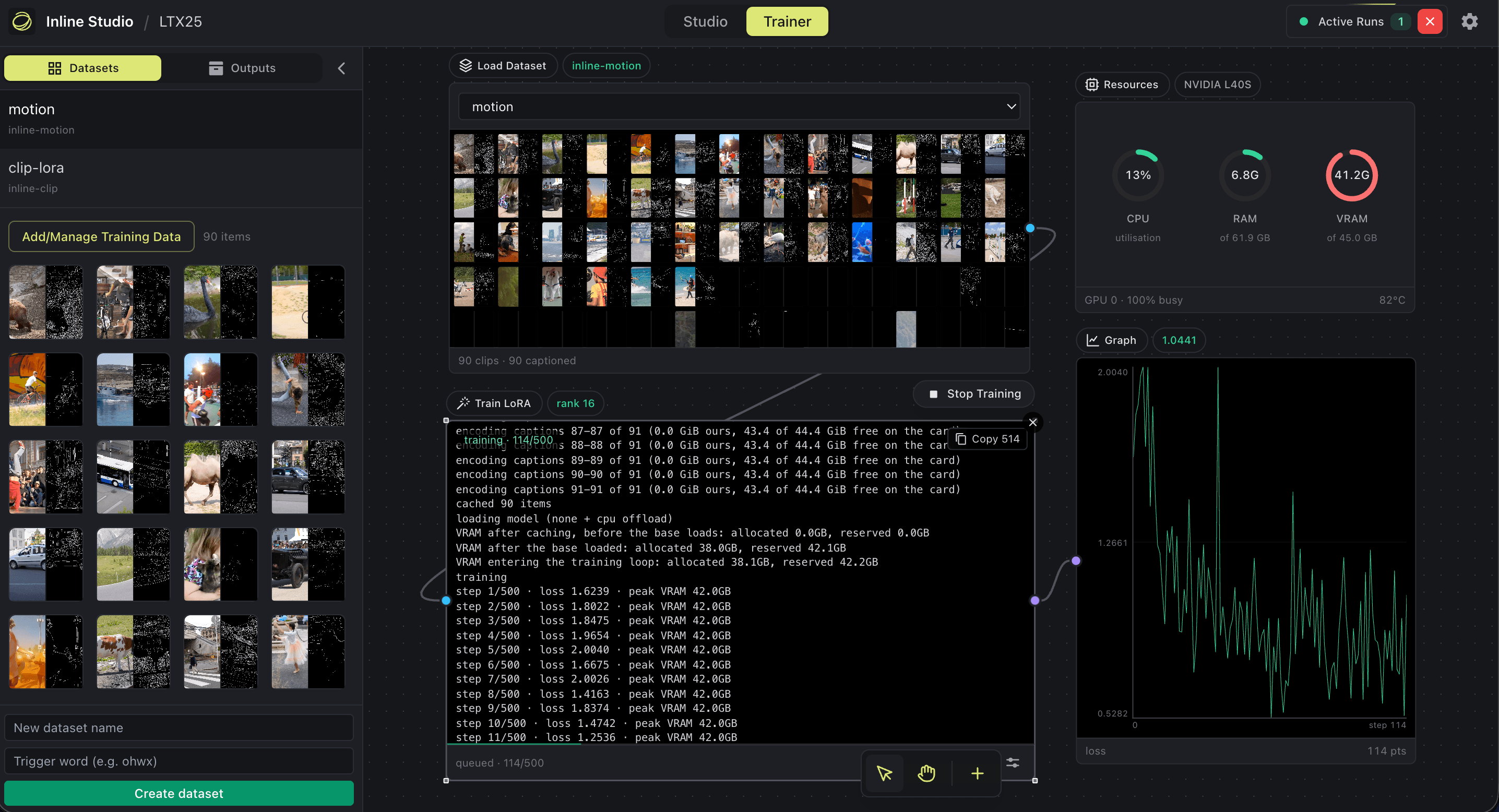 The OmniChar Trainer running an LTX-2.5 Control LoRA: a Load Dataset node holding 90 paired clips, each tile showing the clip beside its edge map, wired into Train LoRA at rank 16, with the encode log and a VRAM readout alongside.
